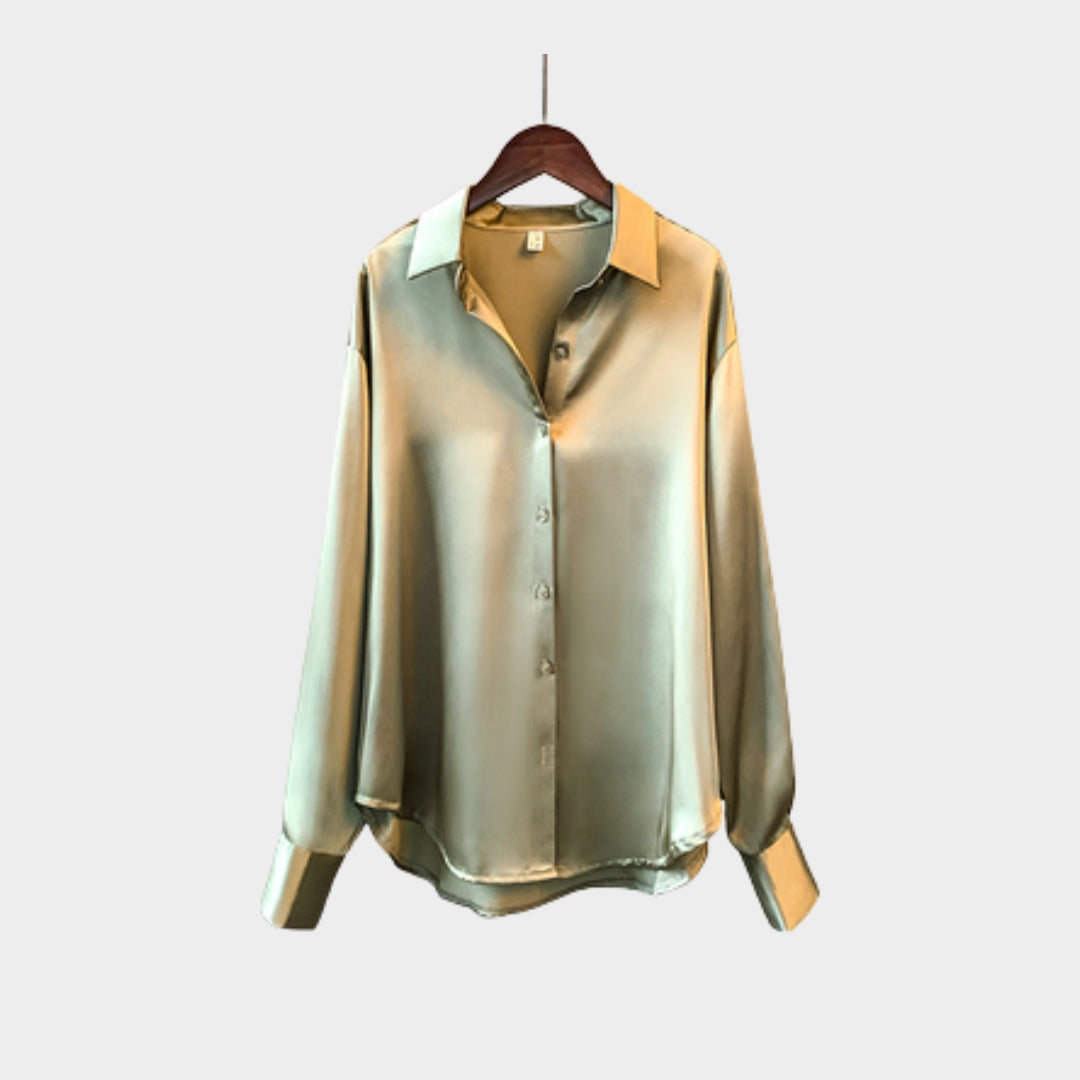 Women’s Satin Long Sleeve Blouse - Elegant Korean Style Overshirt, Luxury Designer Blouse, White, Green, Black, Champagne