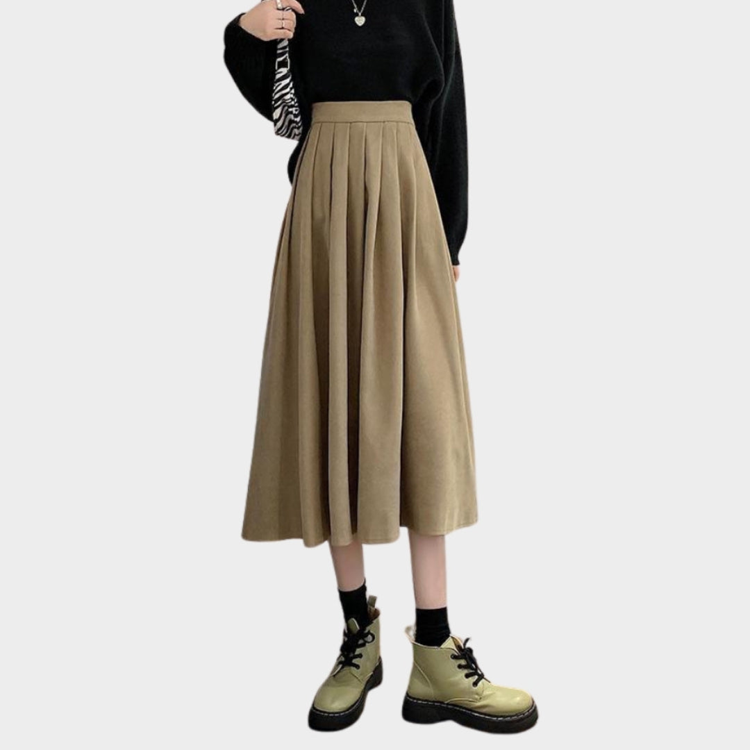Women’s High Waist Pleated Skirt - Vintage A-Line Korean College Style Long Skirt, Blue, Black, and More