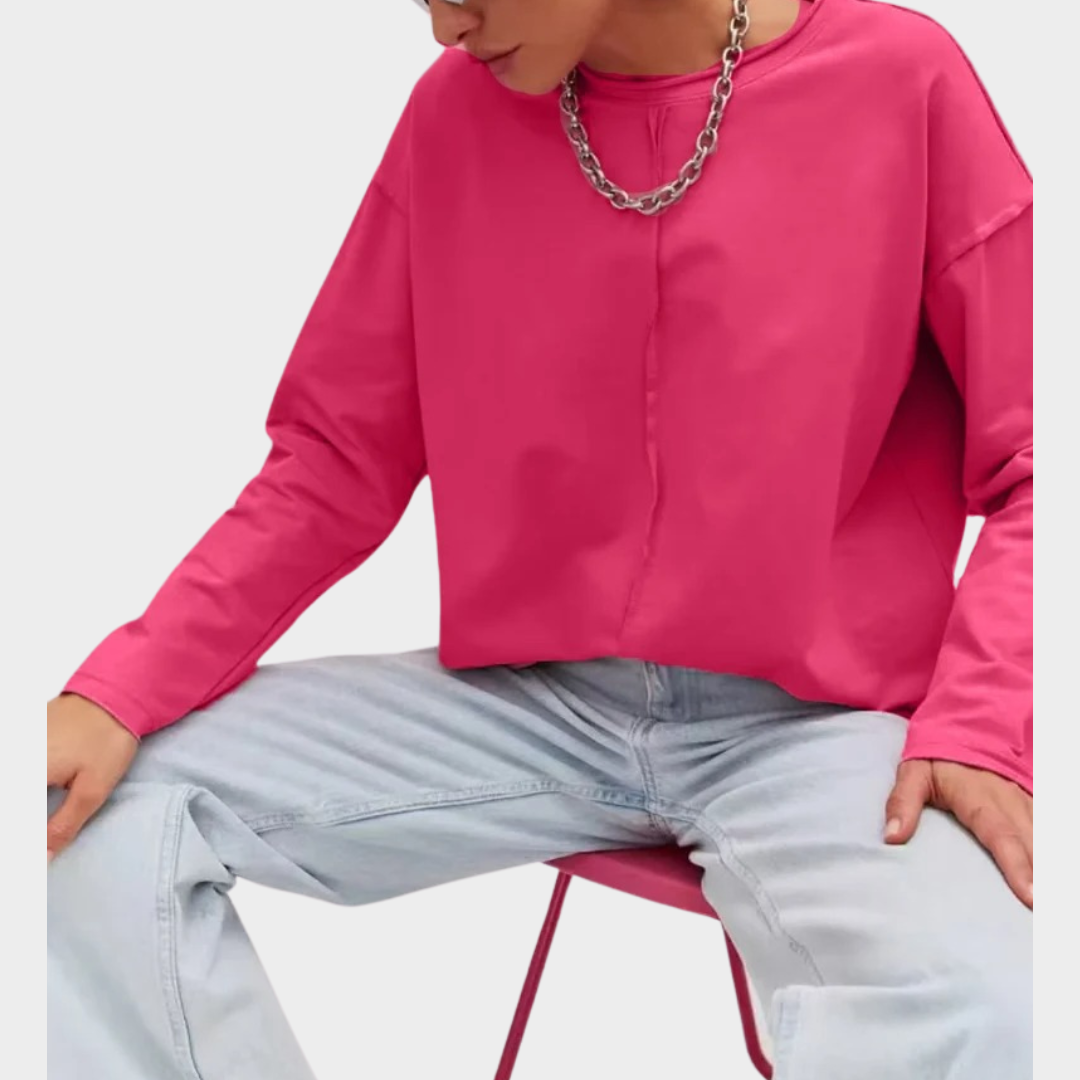 Women’s Long Sleeve Cotton T-Shirt – Relaxed Fit Crew Neck Knit Top – Soft Thick Fabric – Multiple Colours