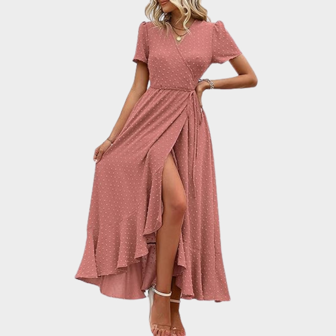 Women's Floral Wrap Maxi Dress - V-Neck - Short Sleeve - Ruffle Hem - Boho Beach Style - Multiple Colours