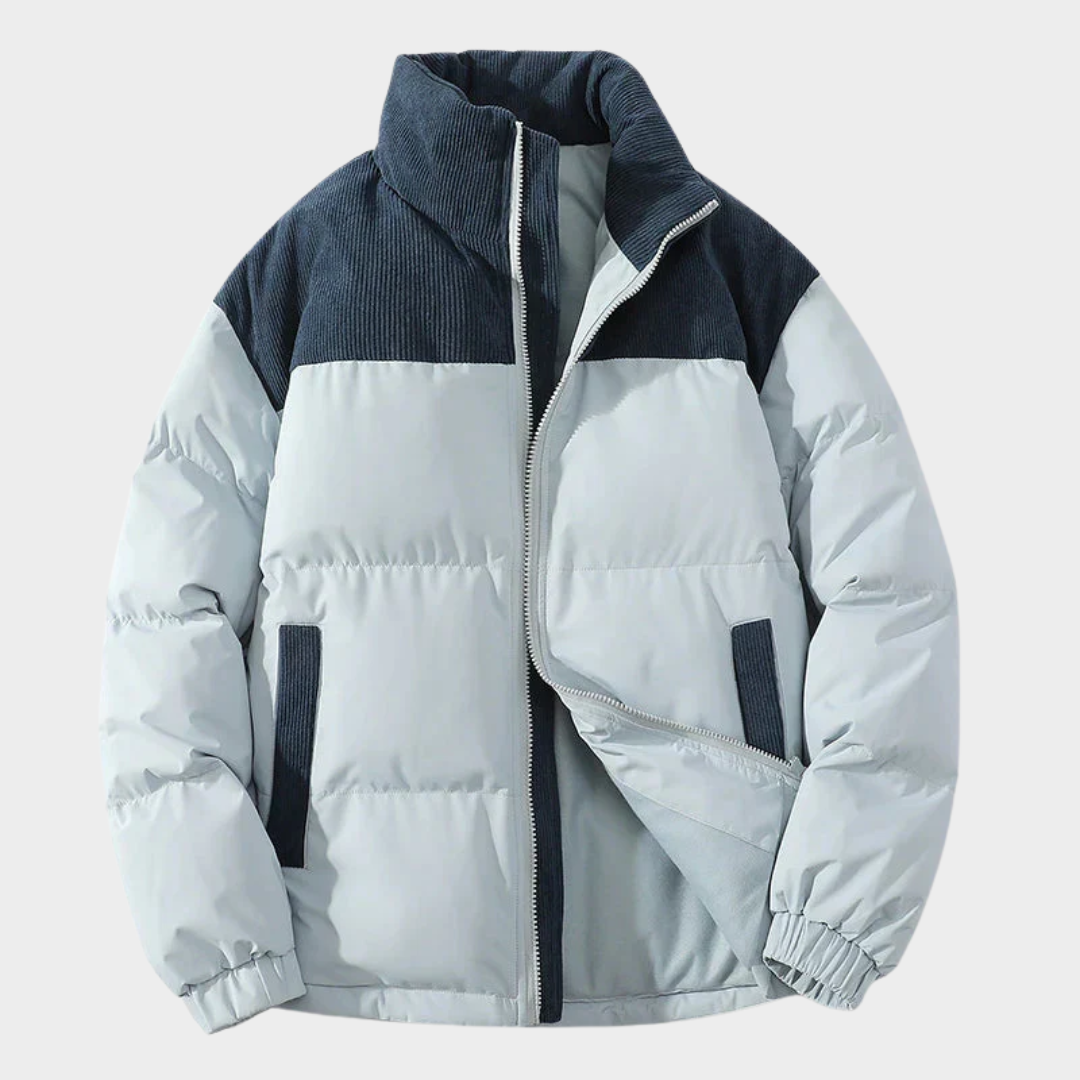 Men’s Puffer Jacket – Quilted Relaxed Fit Coat with Corduroy Yoke and Zip Front – Multiple Colours
