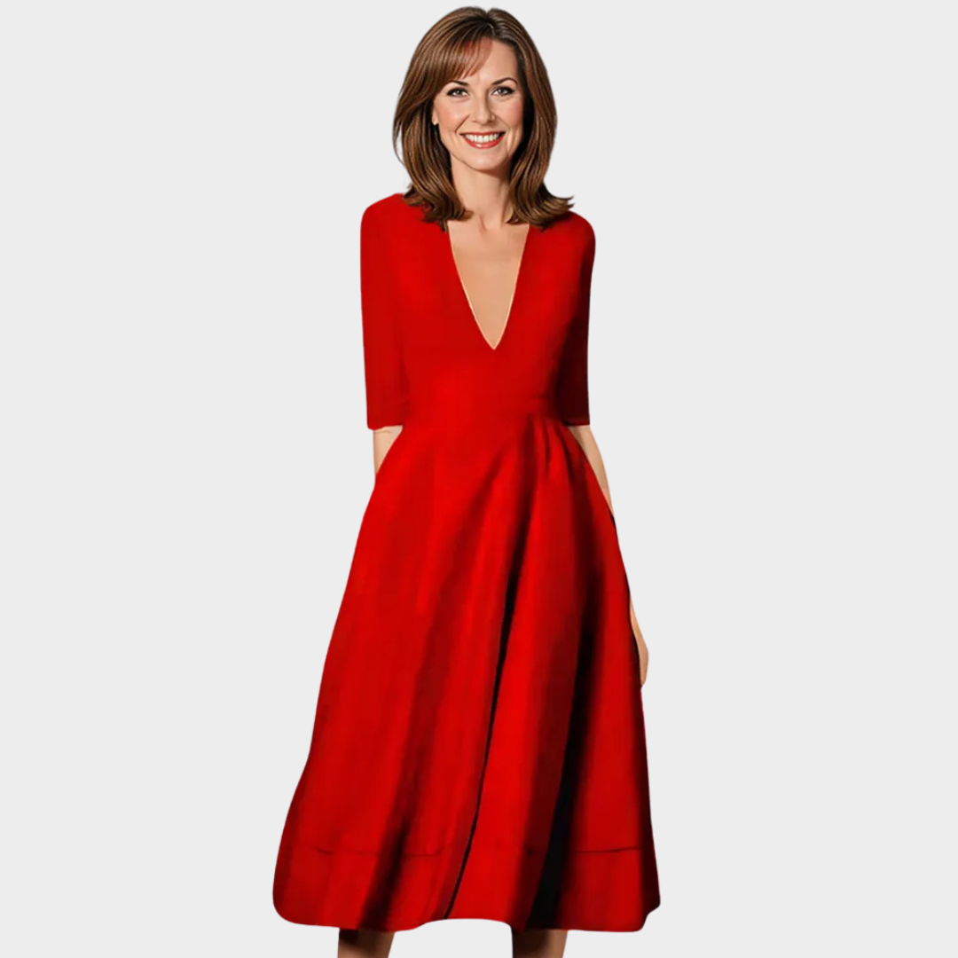 Women's Elegant Midi Dress - Deep V-Neck A-Line Fit - Half Sleeve Party Dress - Multiple Colours