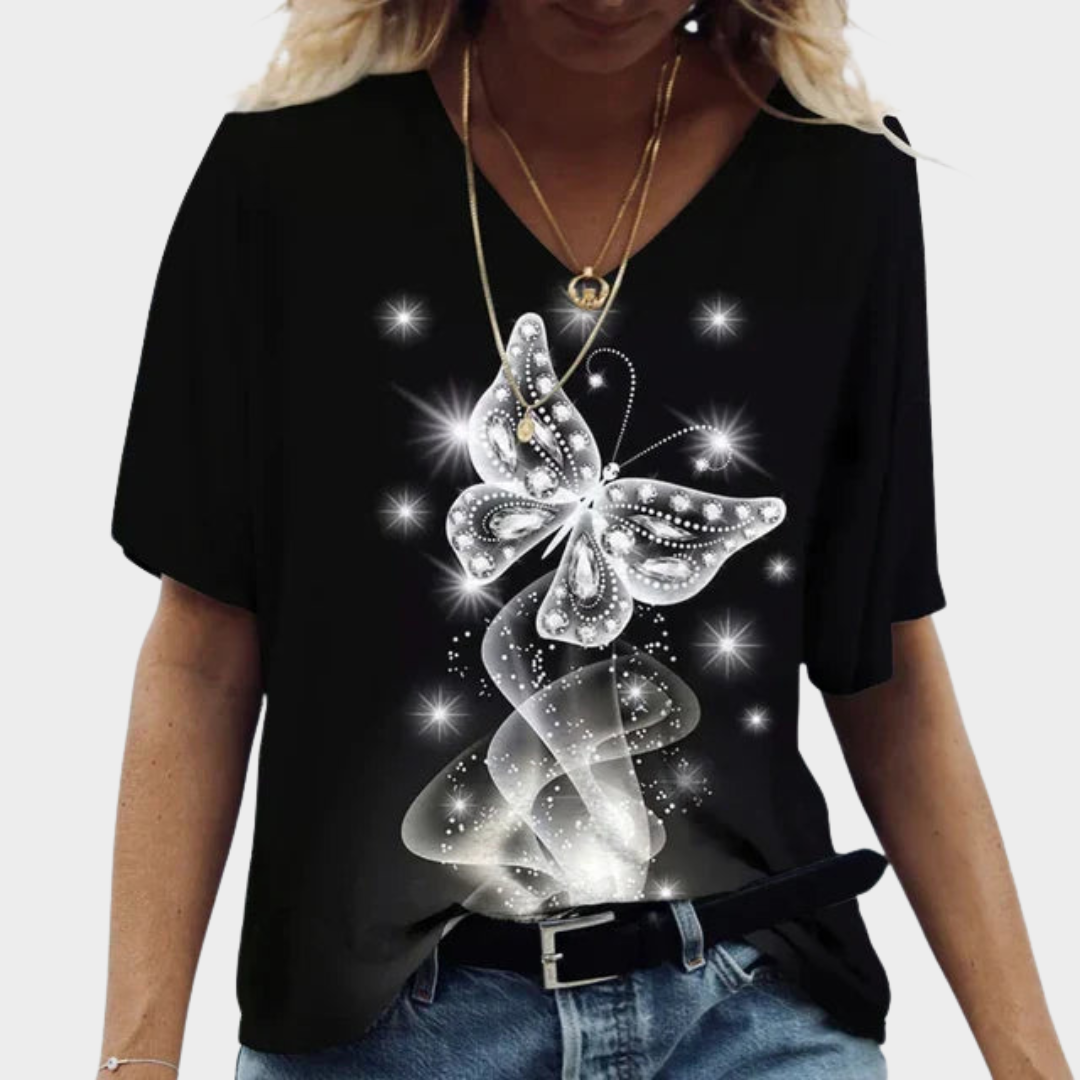 Women’s V-Neck Short Sleeve T-Shirt – Casual Butterfly Print Top – Relaxed Fit Everyday Style – Multiple Colours