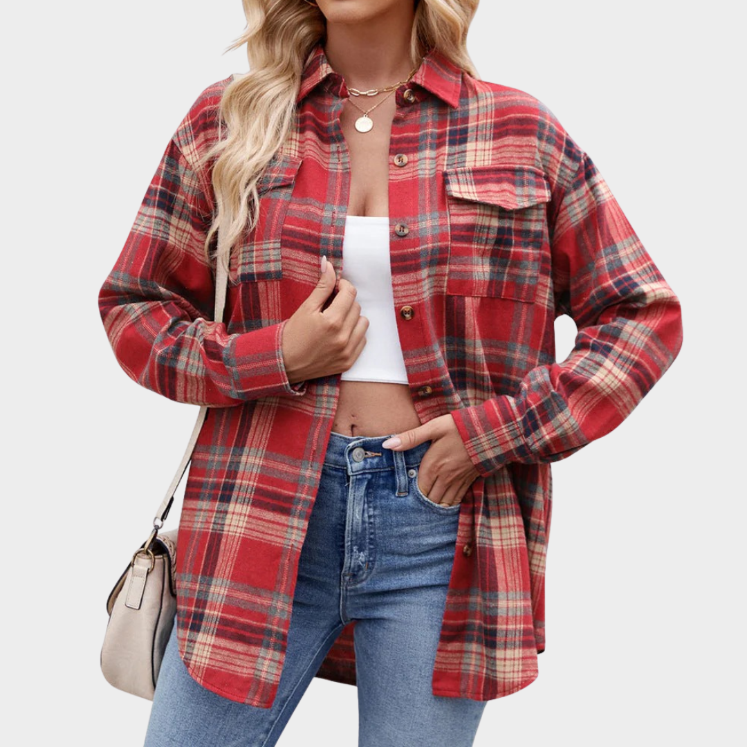 Women’s Loose Fit Button-Up Shirt – Plaid Pattern with Pocket Detail – Lightweight Casual Style – Cotton Blend – Multiple Colours