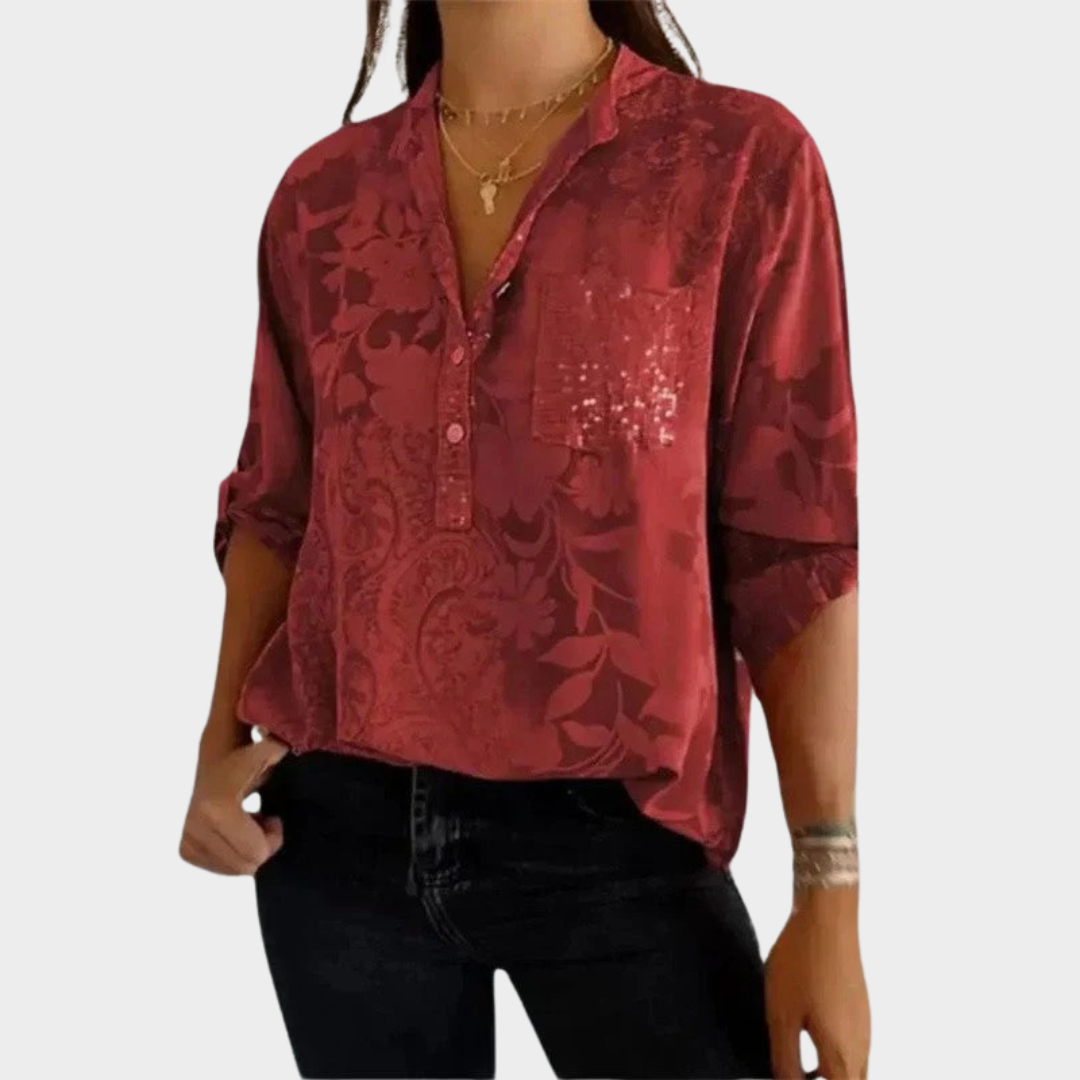 Women’s Relaxed Fit Tunic Blouse – Long Sleeve Floral Print Top with Sequin Detail – Luxury Fabric – Multiple Colours