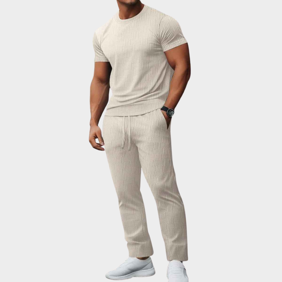 Men's Co-Ord Set – Striped Jacquard Round Neck Short Sleeve T-Shirt with Solid Colour Loose Long Pants – Multiple Colours