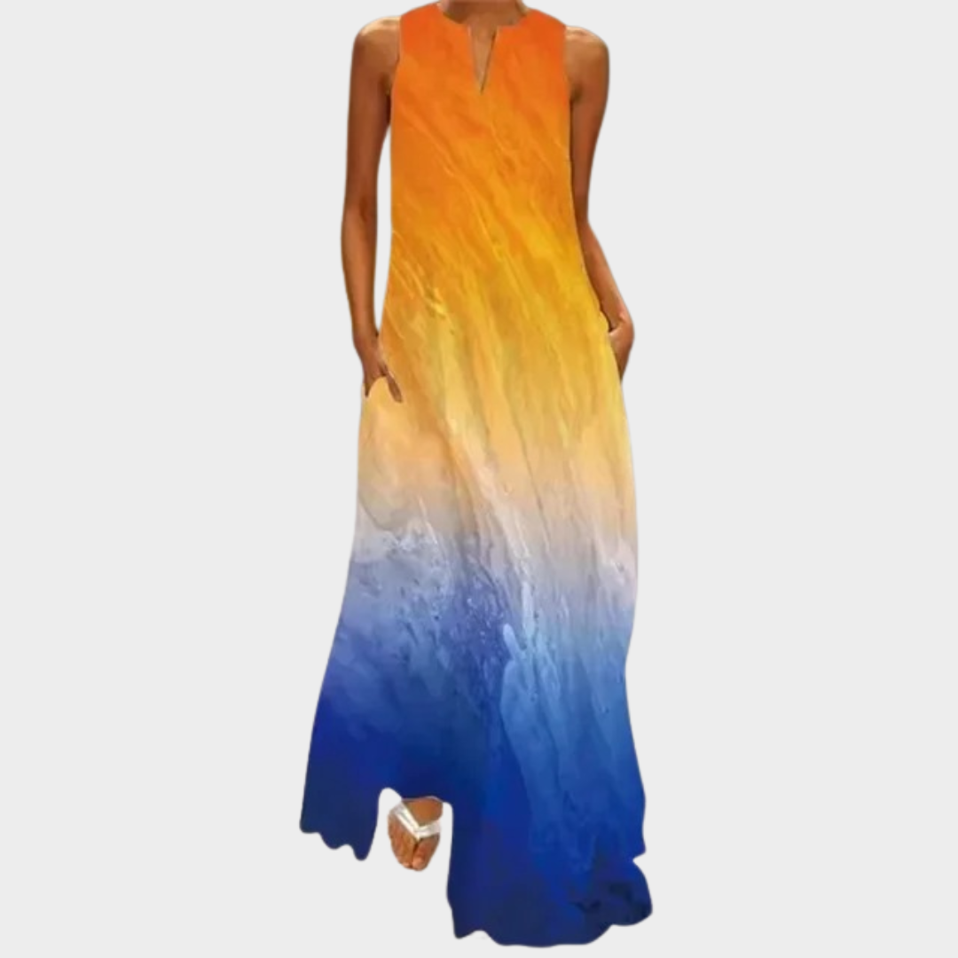 Women’s Sleeveless V-Neck Maxi Dress – Elegant Rainbow Gradient Print – Lightweight Breathable Fit – Multiple Colours