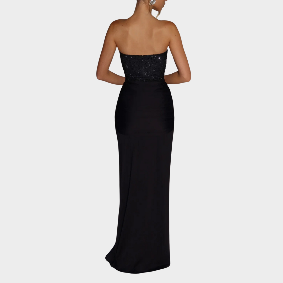 Women’s Off-Shoulder Evening Gown – Luxury Strapless Party Dress with Embellished Mesh Bodice and Slinky Jersey Skirt – Multiple Colours
