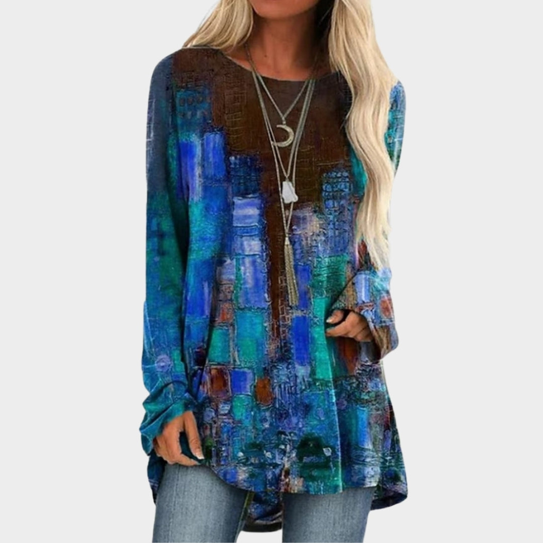 Winter Women’s Long Sleeve T-Shirt - Round Neck, Loose Fit, Printed Top (Green/Red, Brown/Blue, and More)