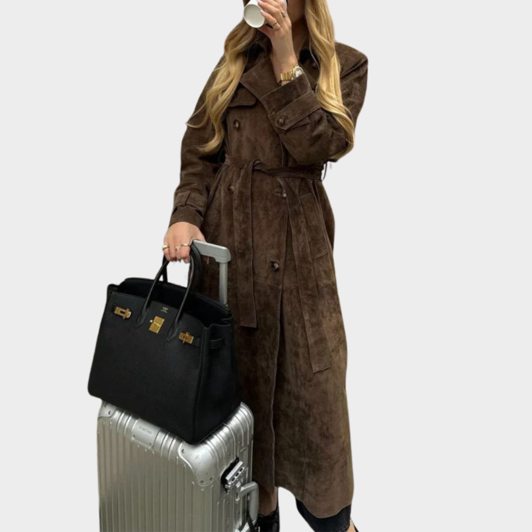 Women's Suede Leather Long Jacket – Button Down – Lapel Collar – Oversized Fit – Long Sleeve – Multiple Colours