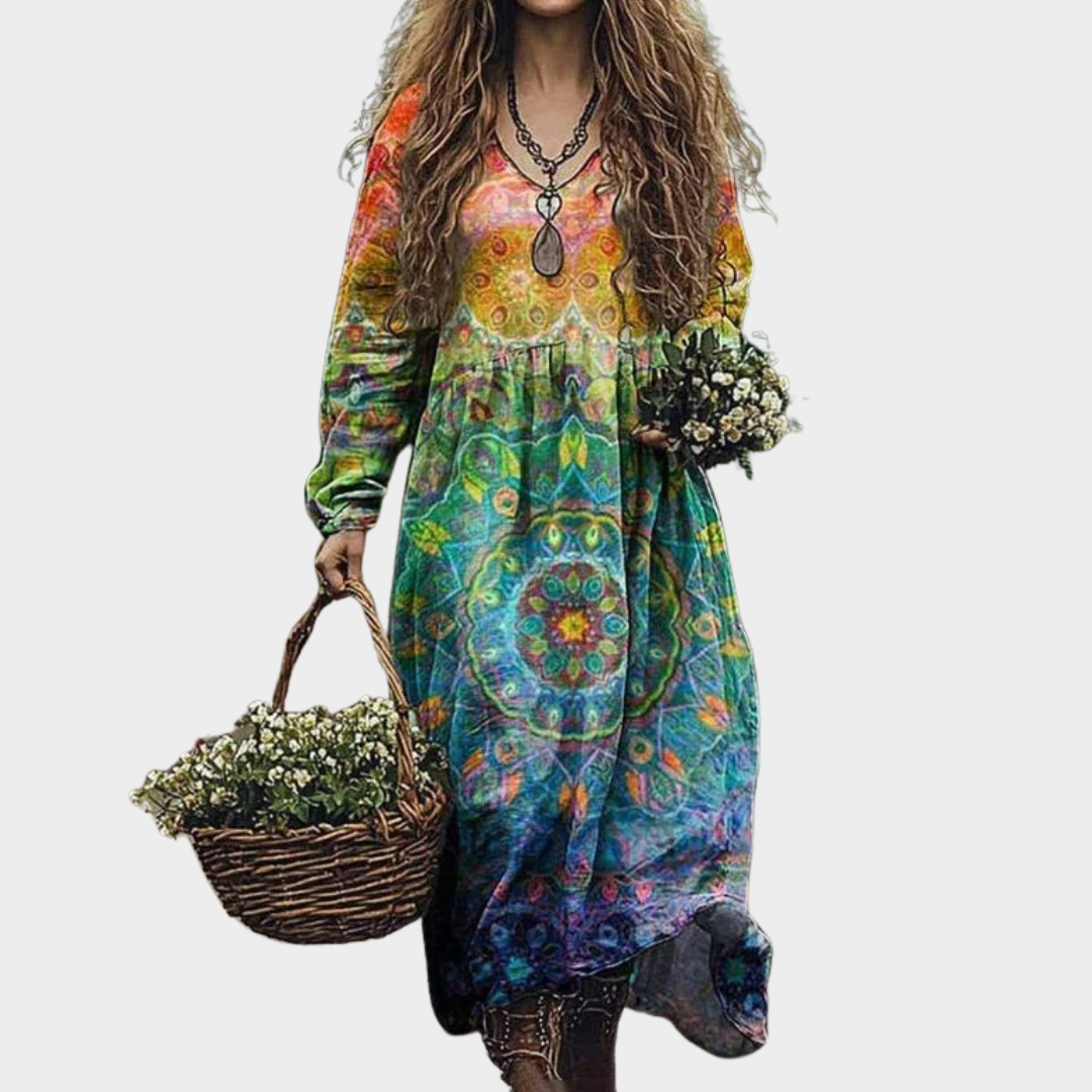 Women’s V-Neck A-Line Dress – Long Sleeve Pullover with Ethnic Vintage Print – Loose Fit Party Style – Soft Lightweight Fabric – Multiple Colours