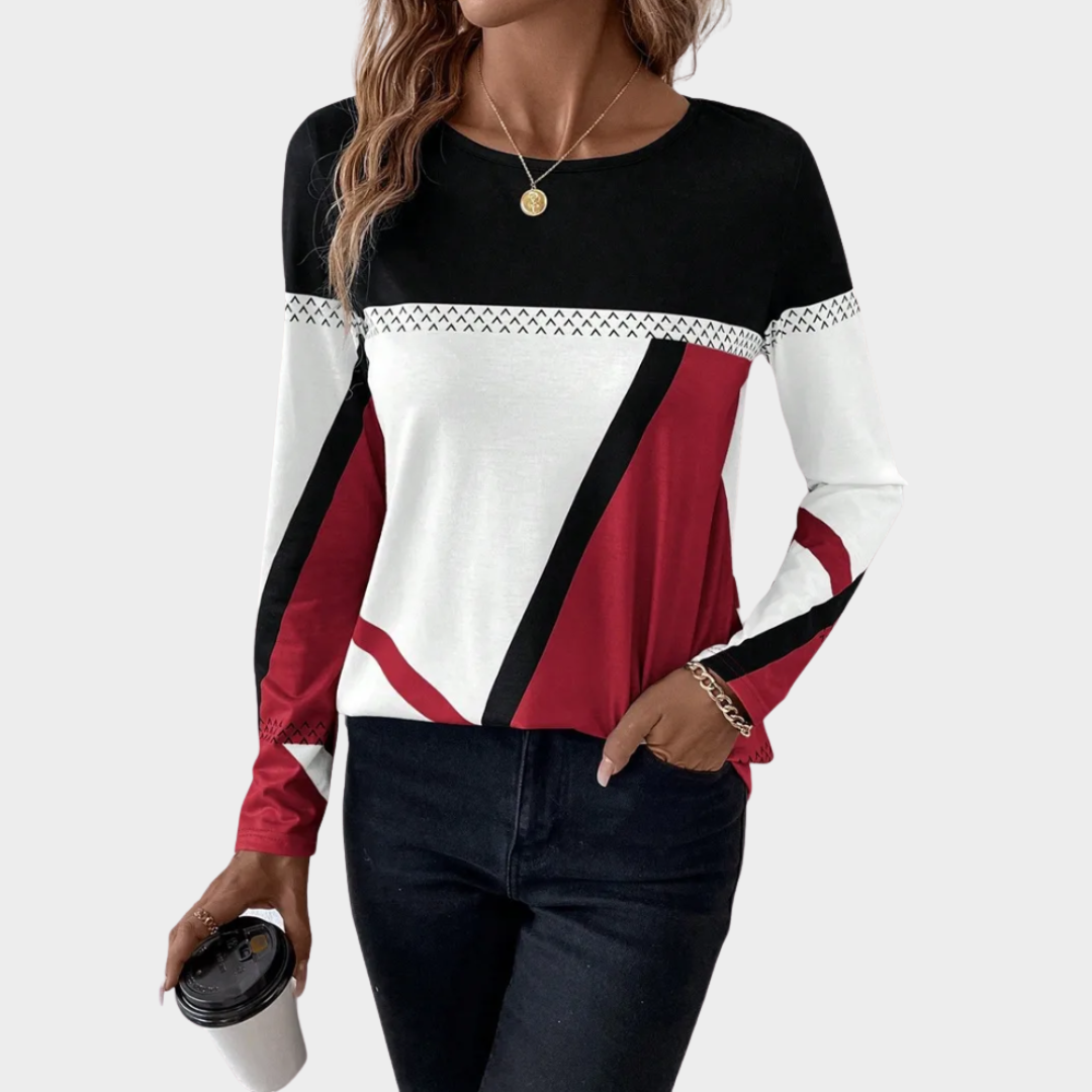 Women's Long Sleeve T-Shirt – Round Neck – Geometric Print – Contrasting Colors – Soft & Comfortable – Multiple Colours
