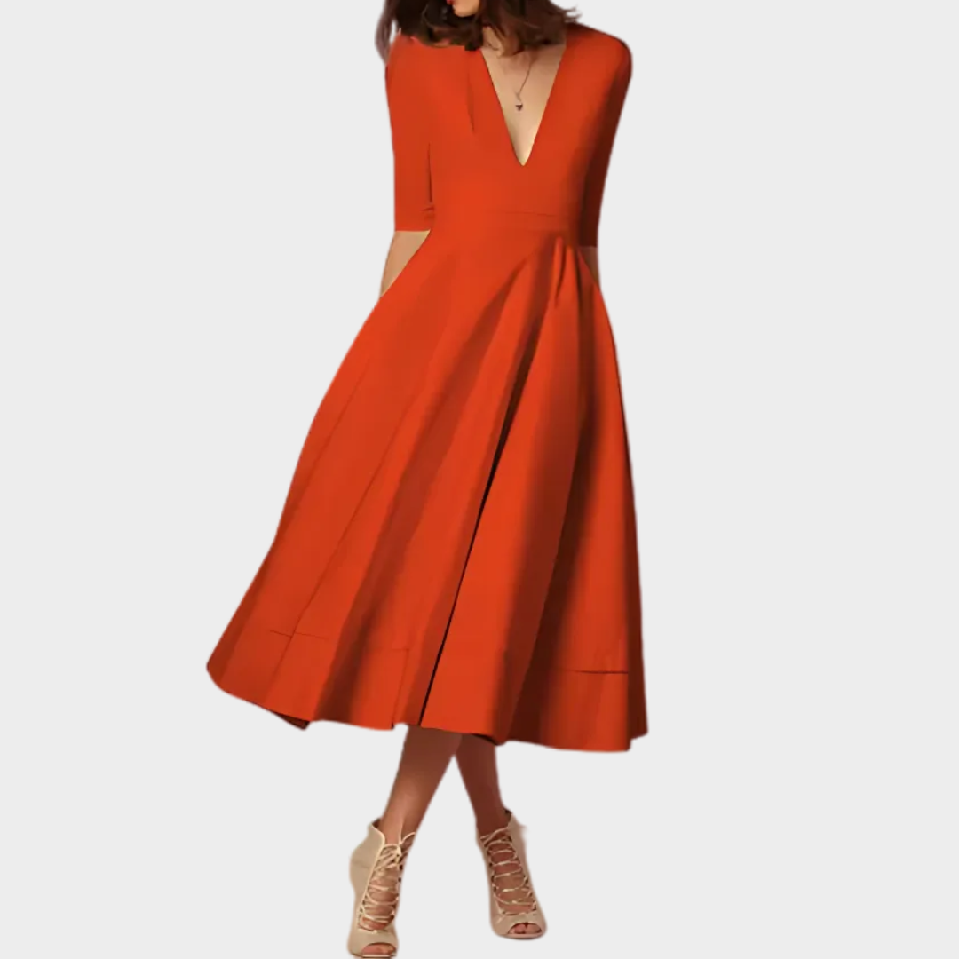 Women's Long V-Neck Slit Dress – Short Sleeve – Solid Colour – Elegant Fit – Lightweight Soft Fabric – Multiple Colours