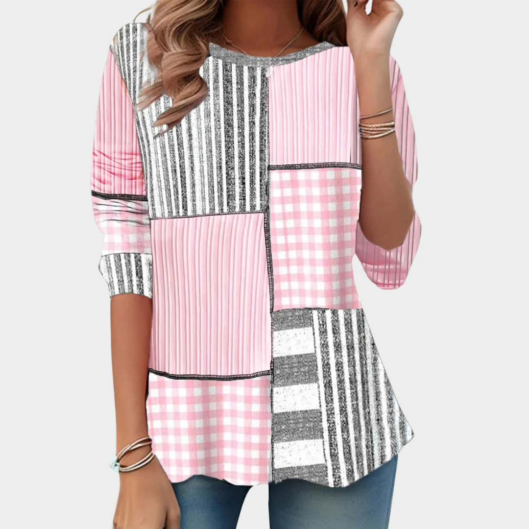 Women’s Vintage Plaid Long Sleeve T-Shirt – Polyester Crew Neck Casual Top – Relaxed Fit Lightweight Printed Blouse – Multiple Colours