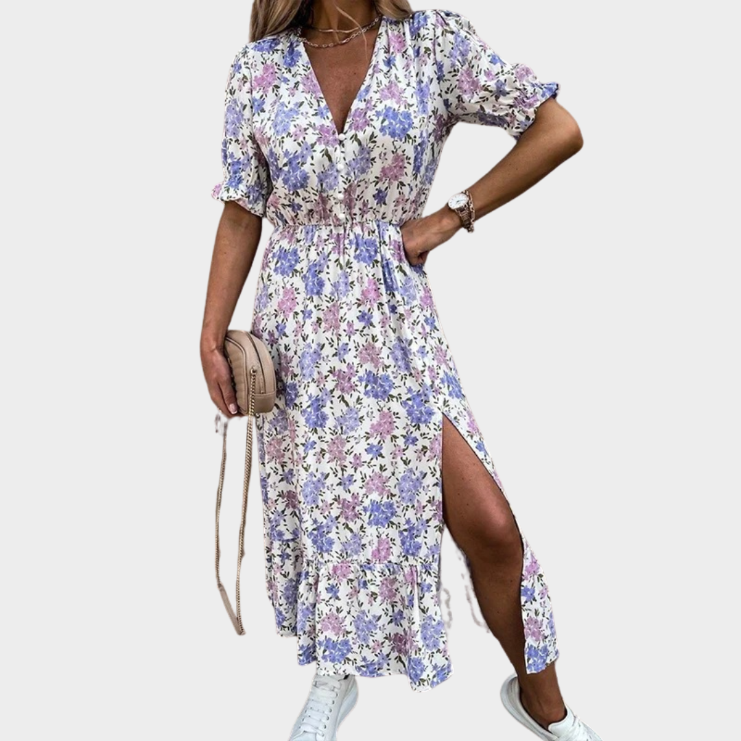 Women's Floral Button V-Neck Dress – Short Sleeve – Slit Skirt – Lightweight Casual Fit – Multiple Colours