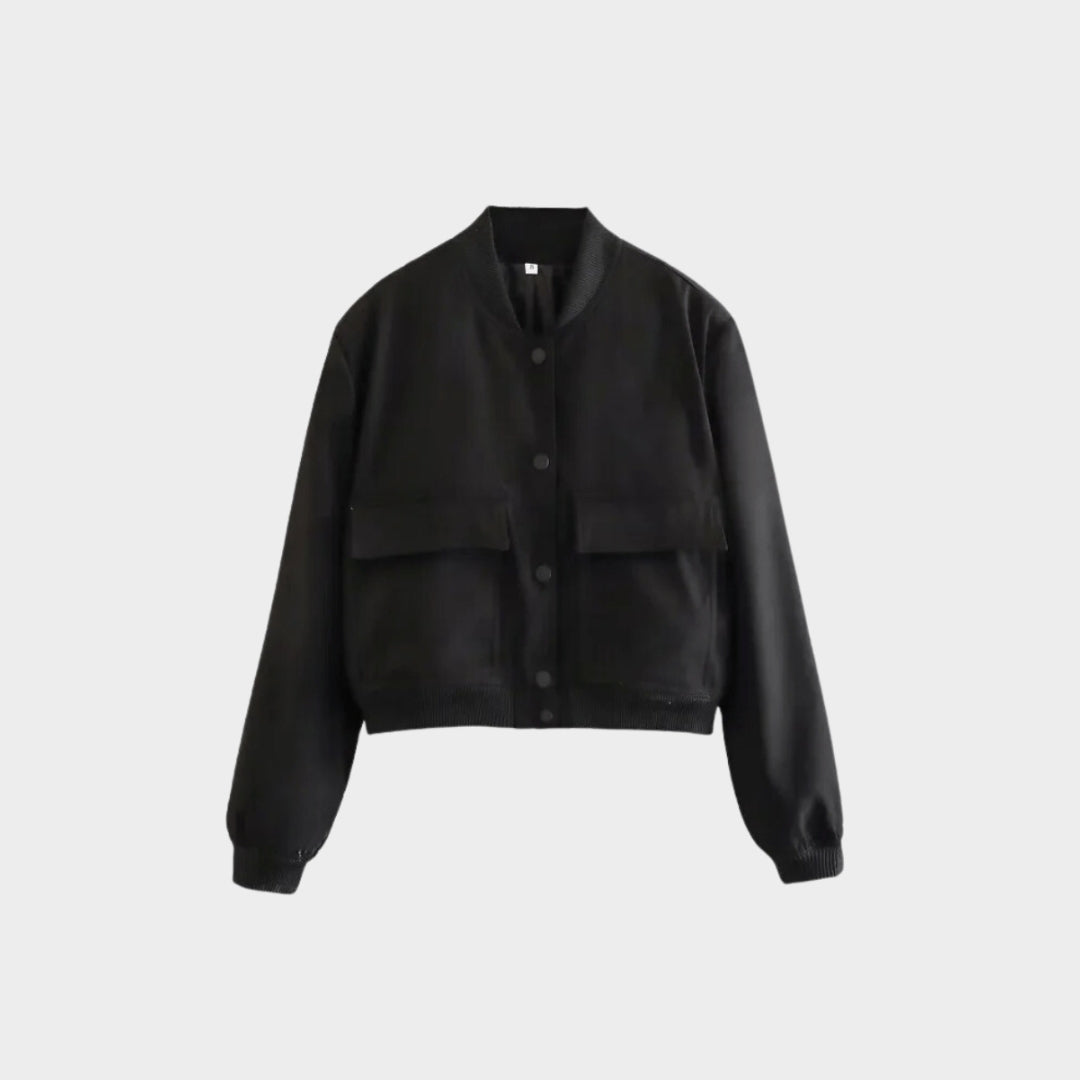 Women’s Cropped Bomber Jacket - Long Sleeve Aviator Baseball Coat, Button Closure, Black, Beige, Navy Blue