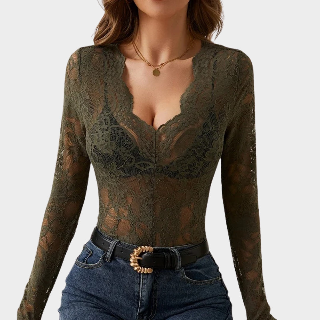 Women's Lace Bodysuit - Long Sleeve Corset Top - Hollow Out Design - Elegant & Chic - Multiple Colours