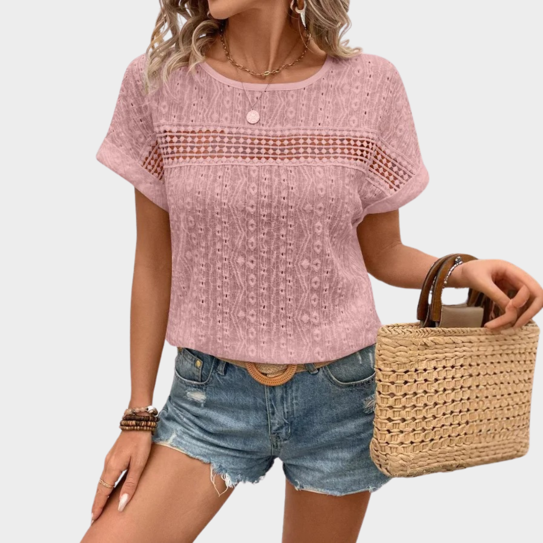 Women’s Short Sleeve Blouse – O-Neck Loose Fit Top with Hollow-Out Detail – Elegant Lightweight Design – Soft Fabric – Multiple Colours