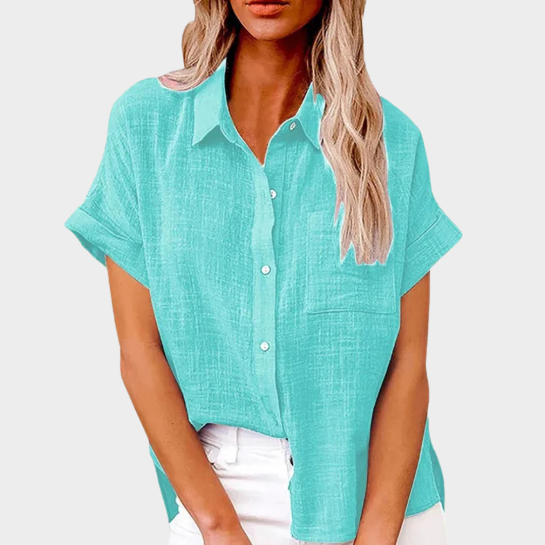 Women's Cotton Linen Shirt – Short Sleeve Lapel Collar – Button Down Casual Blouse – Lightweight Fabric – Multiple Colours
