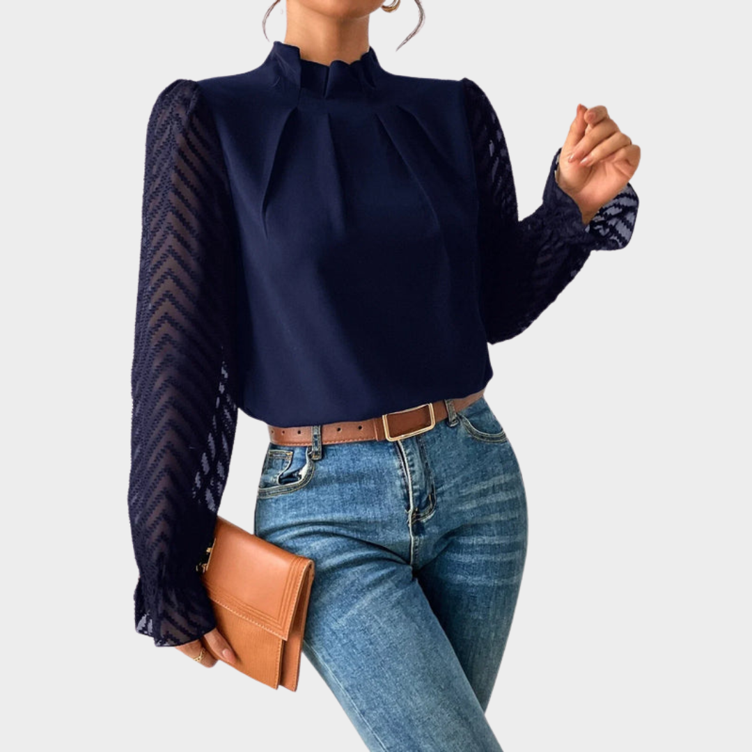 Elegant Women's Lace Blouse – Mock Neck – Long Sleeve – Slim Fit – Chiffon Fabric – Multiple Colours