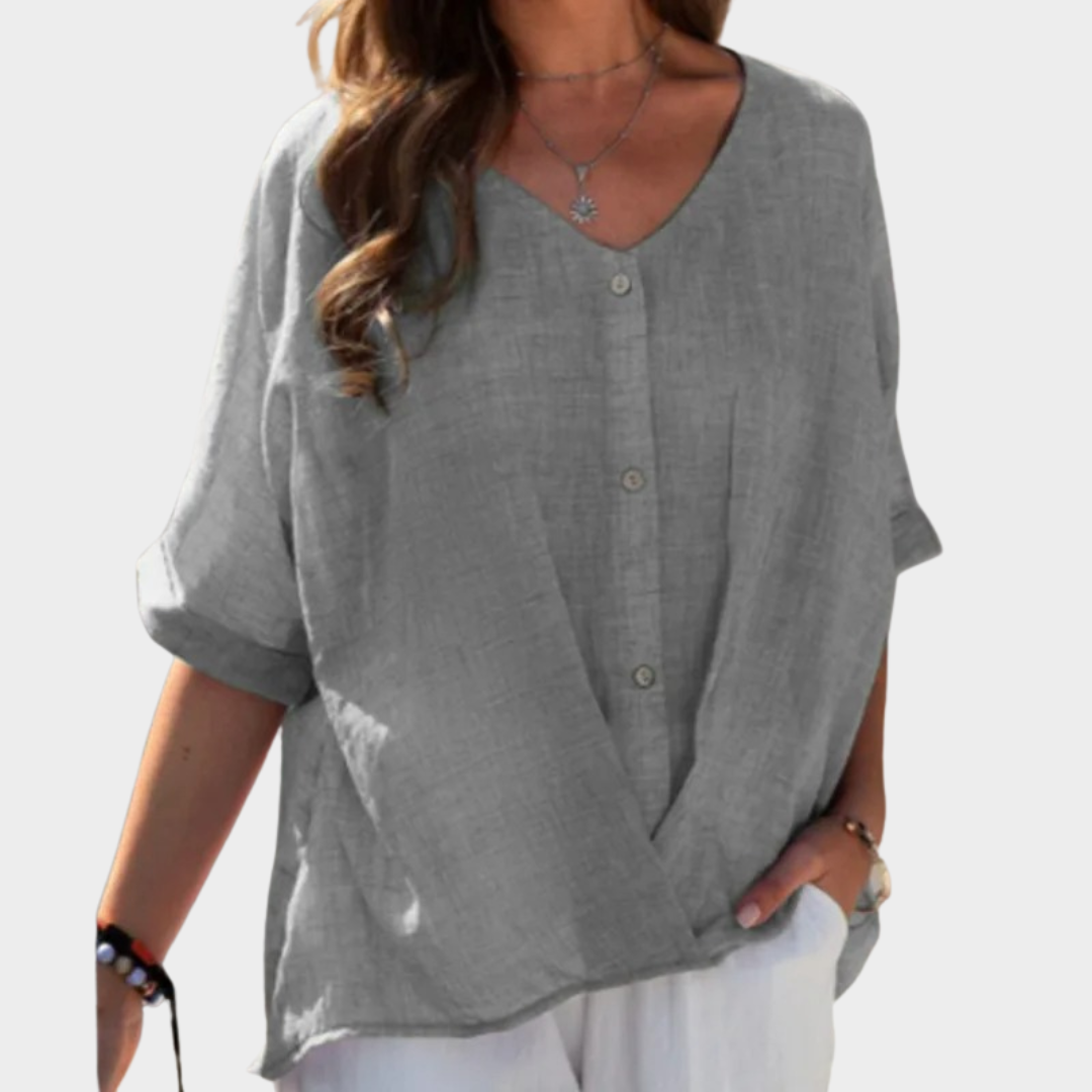 Women’s V-Neck Blouse – Relaxed Fit Button Front Top – Half Sleeve Design – Lightweight Breathable Blend – Multiple Colours