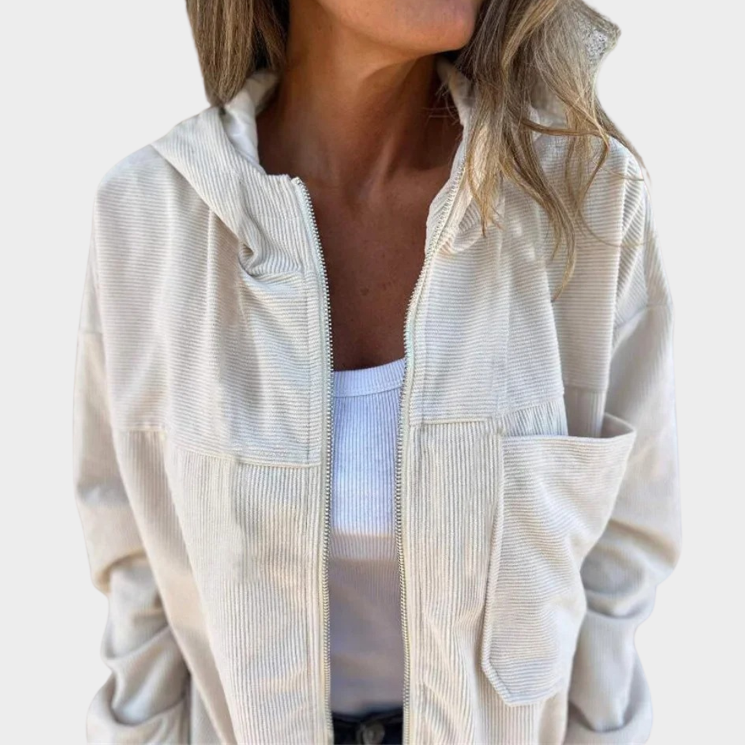 Women’s Hooded Jacket – Corduroy Long Sleeve Outerwear – Zip Closure – Casual Relaxed Fit – Multiple Colours