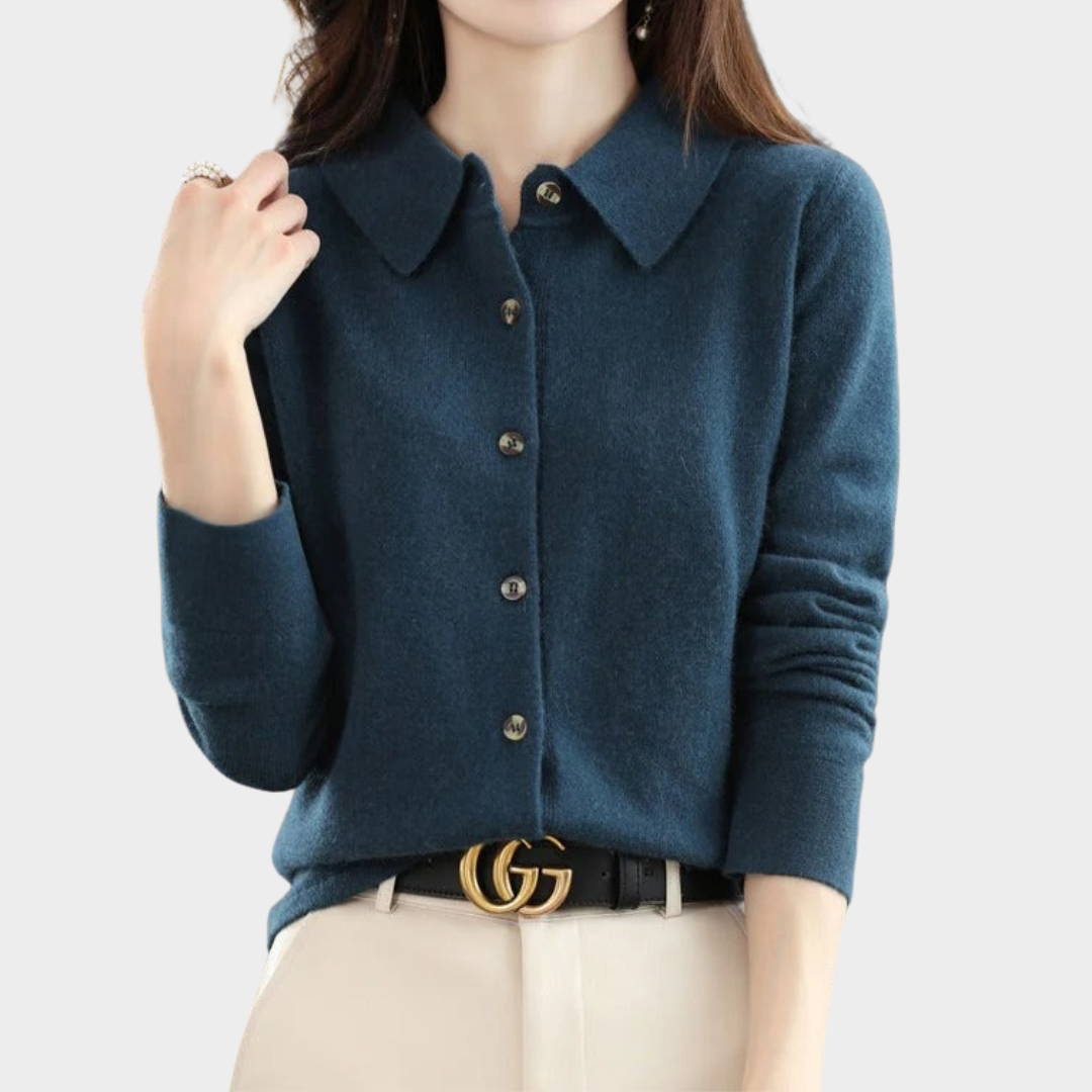 Women’s Merino Wool Cardigan – Soft Knit Polo Neck Sweater with Loose Fit Office Casual Top – Multiple Colours