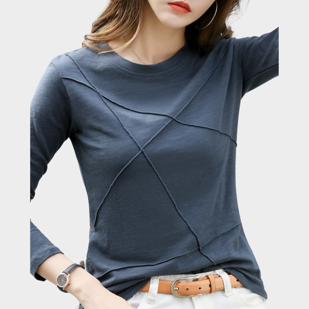 Women’s Long Sleeve T-shirt – O-neck, Loose Fit, Ribbed Bamboo Cotton, White, Blue, Green, Purple
