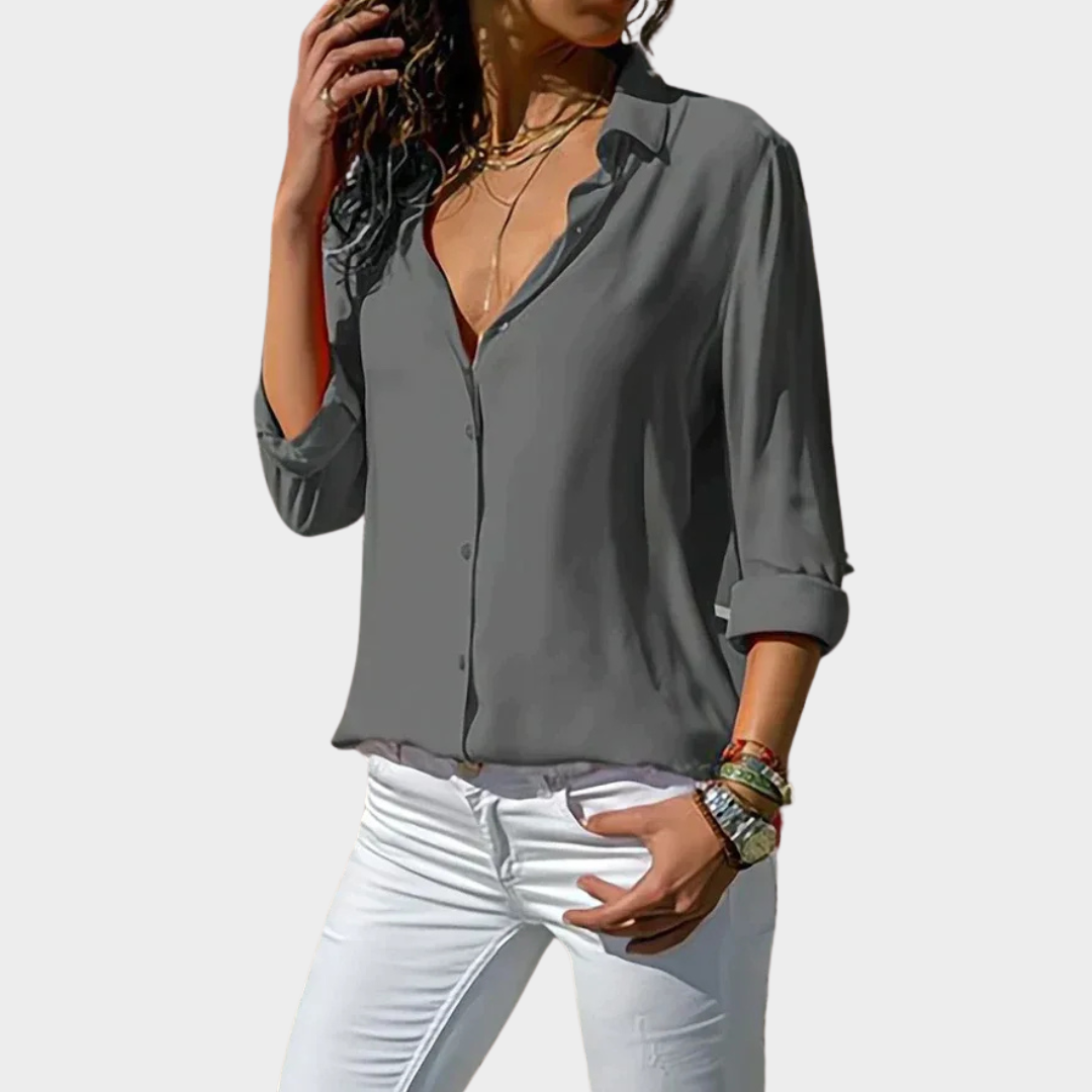 Women’s Long Sleeve Chiffon Blouse – Loose Fit V-Neck Tunic Style – Lightweight Office Wear with Elegant Draping – Multiple Colours