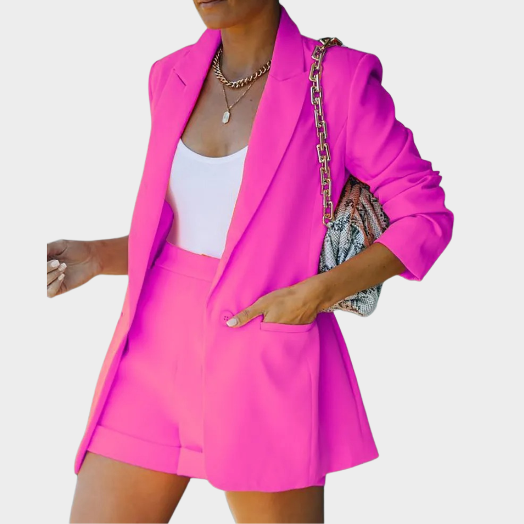 Women’s Two-Piece Suit Set – Long Sleeve Blazer and Shorts – Tailored Casual Fit – Lightweight Fabric – Multiple Colours