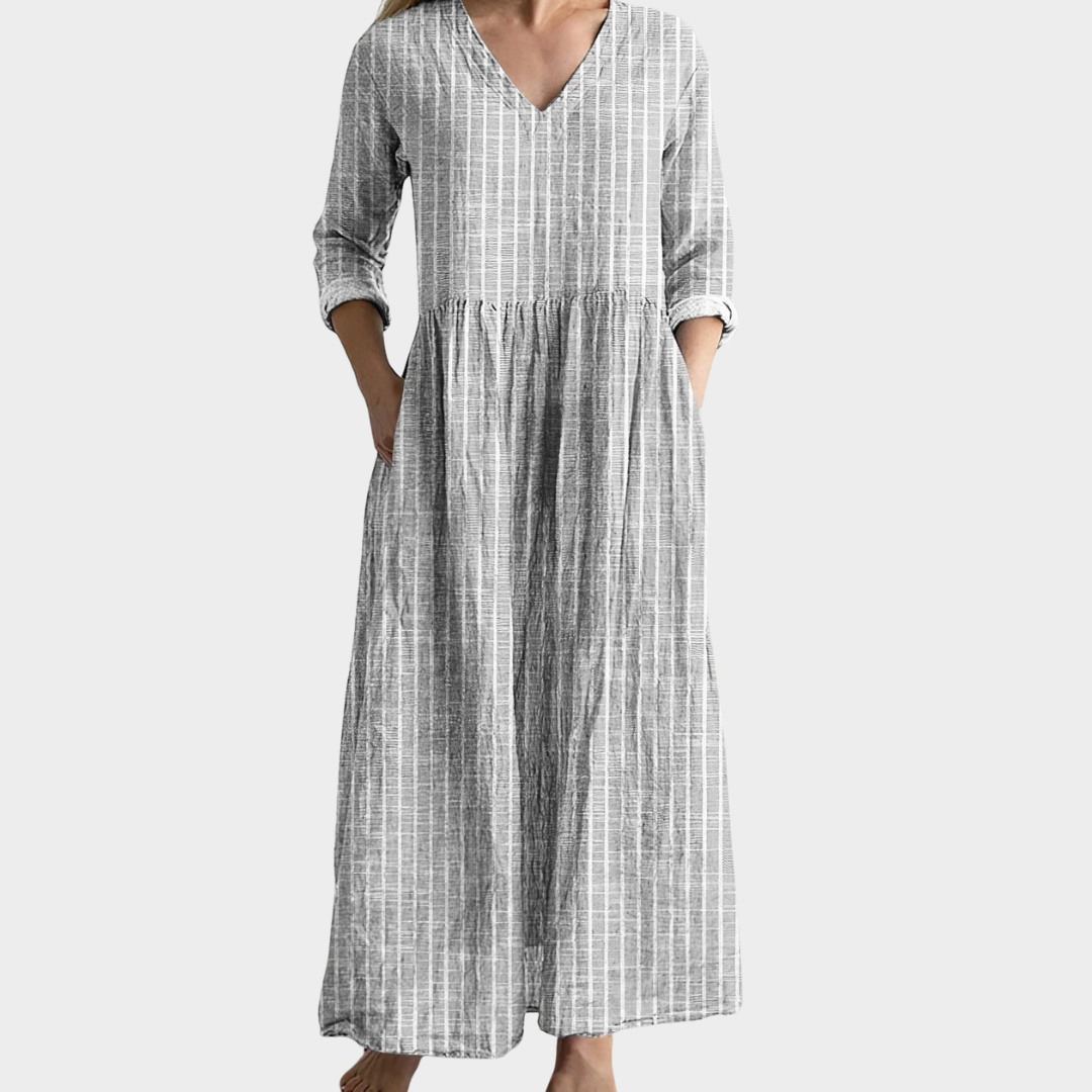 Women’s Maxi Dress – Relaxed Fit – V-Neck – Striped Pattern – Long Sleeve – Natural Fibre – Multiple Colours