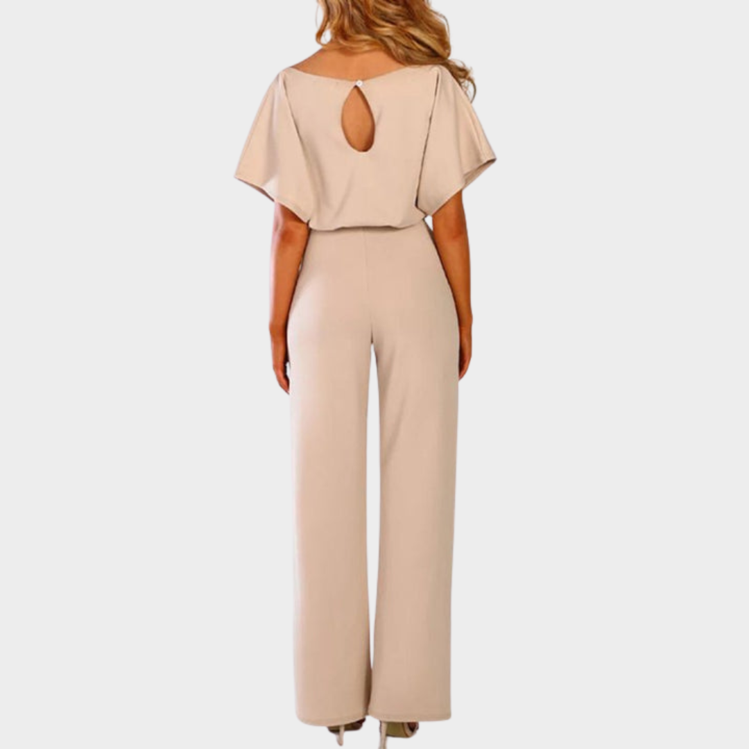 Women's Jumpsuit – Elegant Lace-Up High Waist – Short-Sleeved – Round Neck – Straight Leg – Multiple Colours