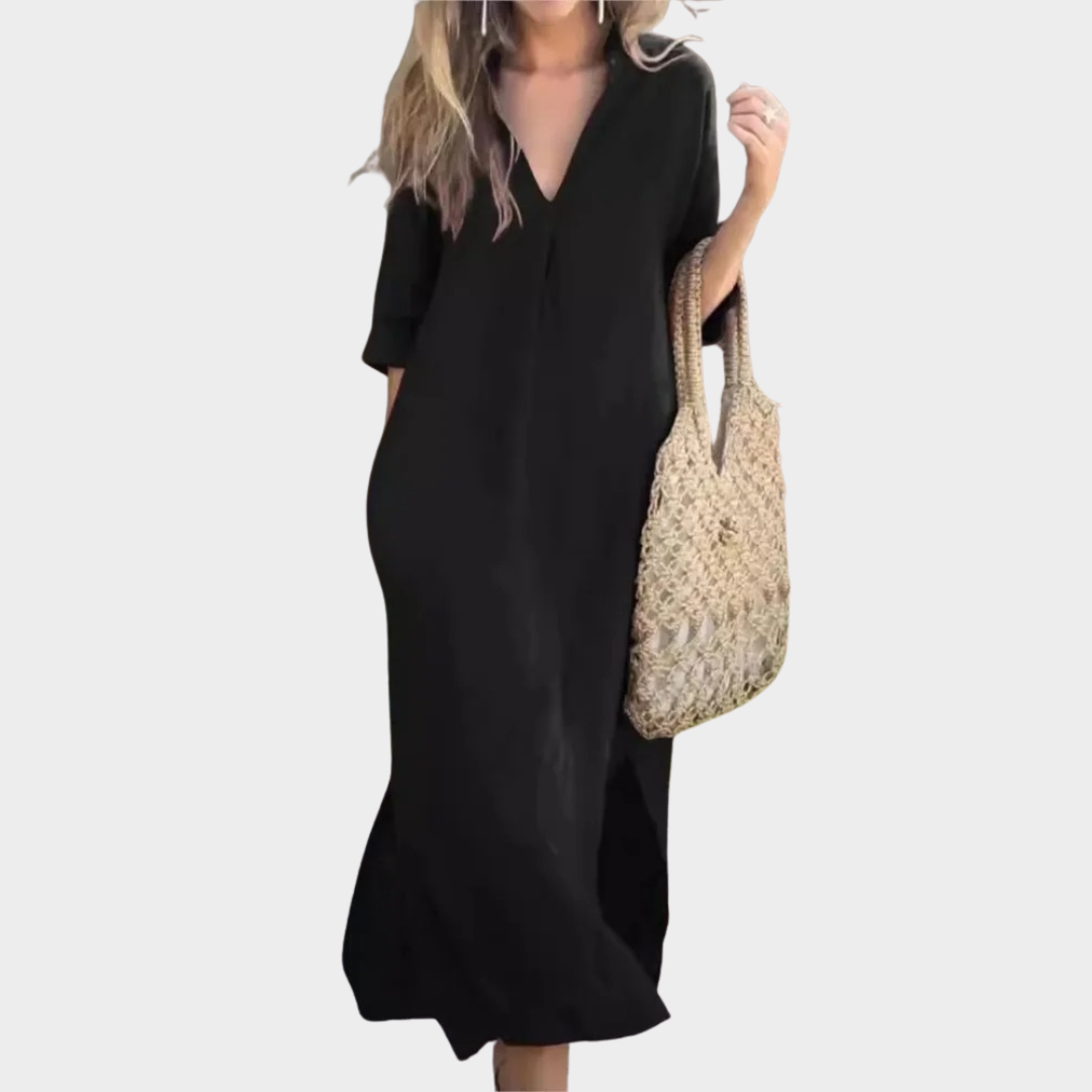 Women’s V-Neck Cotton Linen Dress – 7 Point Sleeve Side Slit Midi with Pockets – Lightweight Relaxed Fit Casual Style – Multiple Colours