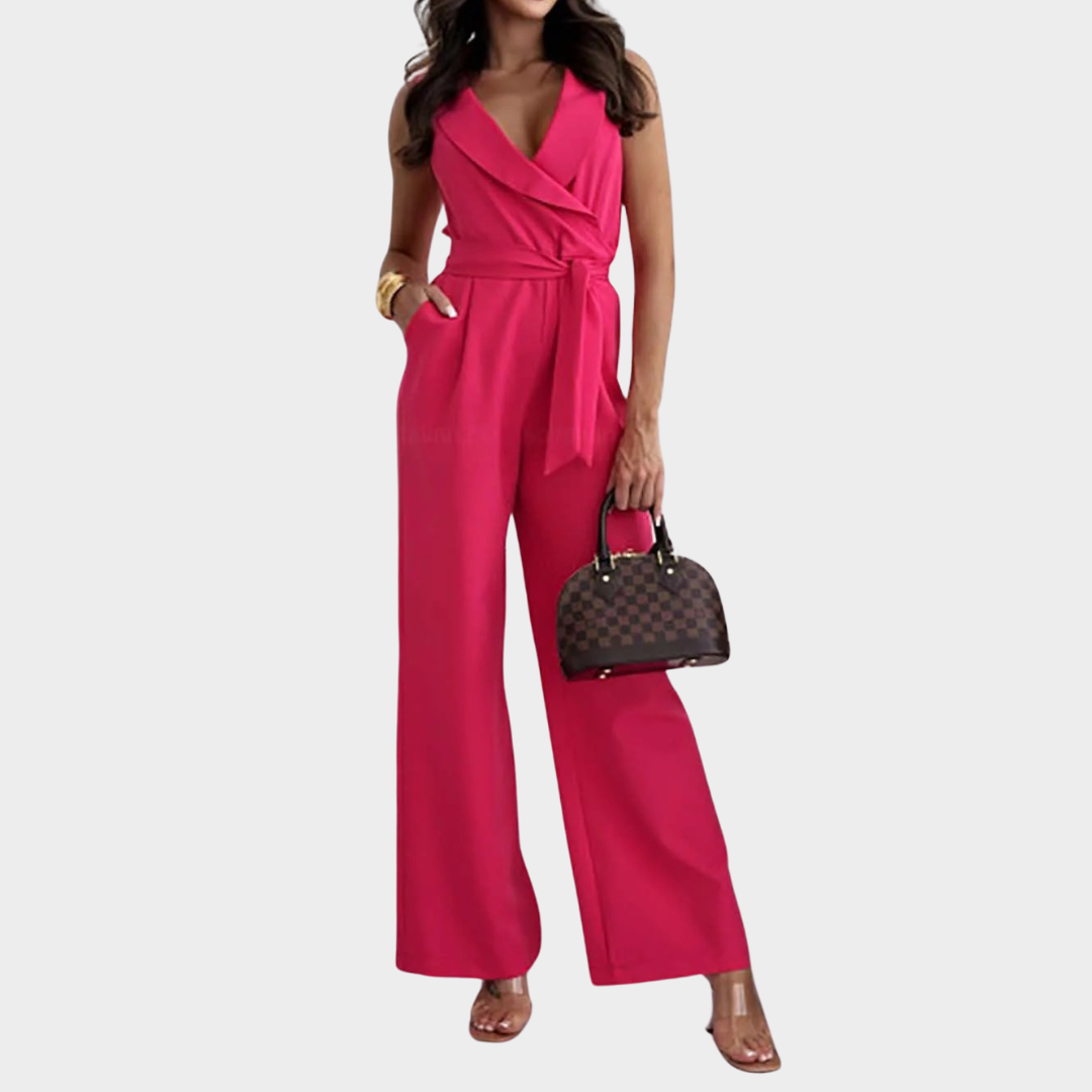Women’s Sleeveless One-Piece Jumpsuit – V Neck High Waist Long Pants – Tie Waist Elegant Fit – Lightweight Material – Multiple Colours
