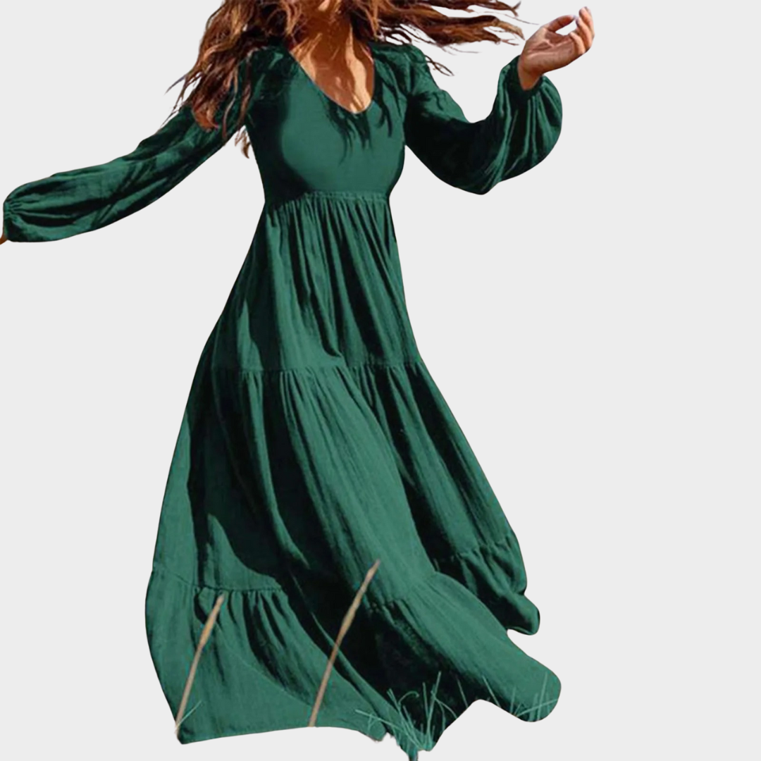Women’s V-Neck A-Line Dress – Long Fit – Solid Colour – Casual Holiday Style – Lightweight Fabric – Multiple Colours