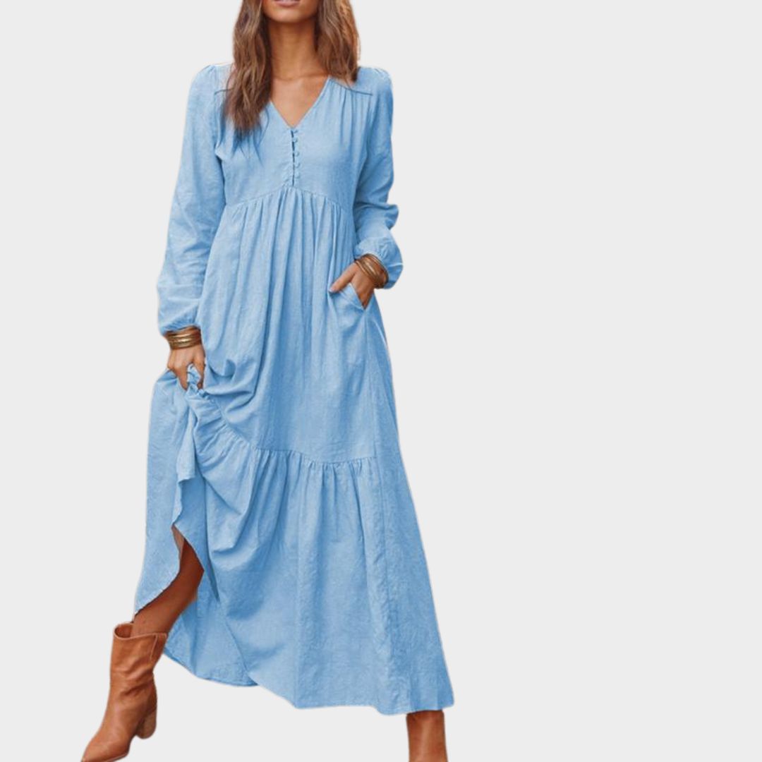 Women's Cotton and Linen Vintage Long Dress – V-Neck Maxi - Casual Loose Fit - Multiple Colors