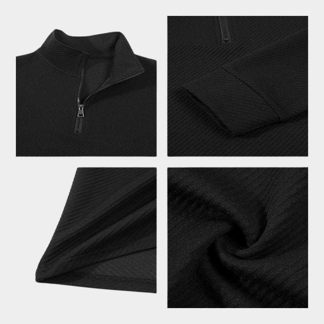 Men's Long Sleeve Polo Shirt - Twill Jacquard Zipper, Comfortable Breathable Casual Top, Dark Grey, Light Grey, Khaki