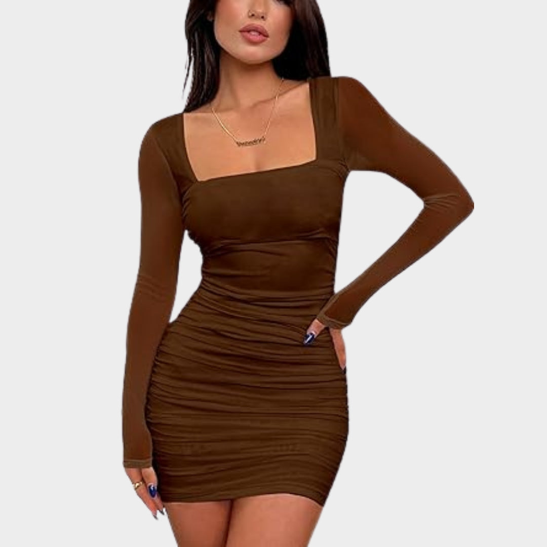 Women's Ruched Bodycon Mini Dress - Mesh Long Sleeves - Club Party Wear - Slim Fit - Multiple Colours