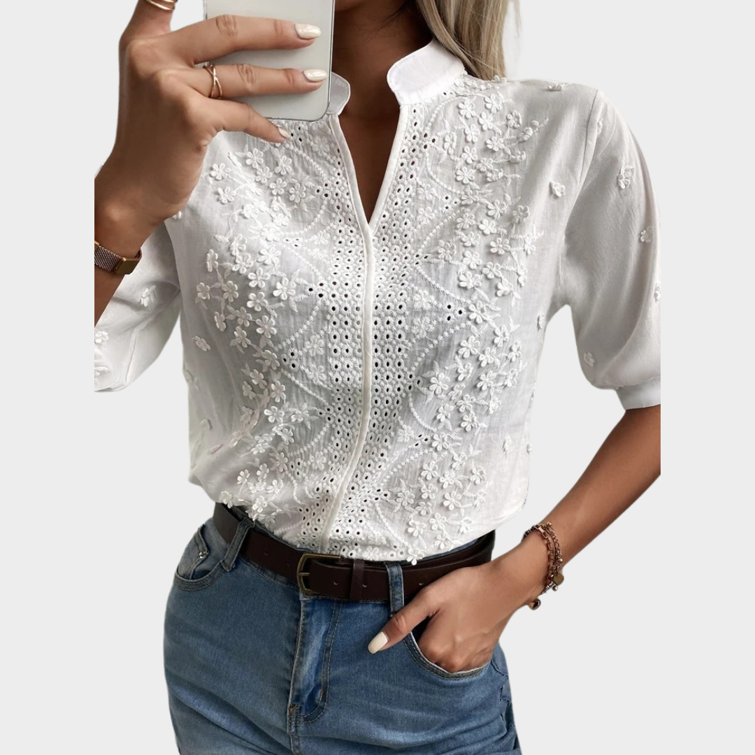 Women’s Short Sleeve V-Neck Lace Blouse – Elegant Floral Embroidery with Hollow Out Detail – White