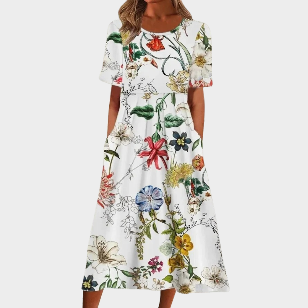 Women’s Printed Short Sleeve Dress – Casual Round Neck Loose Fit – Soft Lightweight Fabric – Multiple Colours
