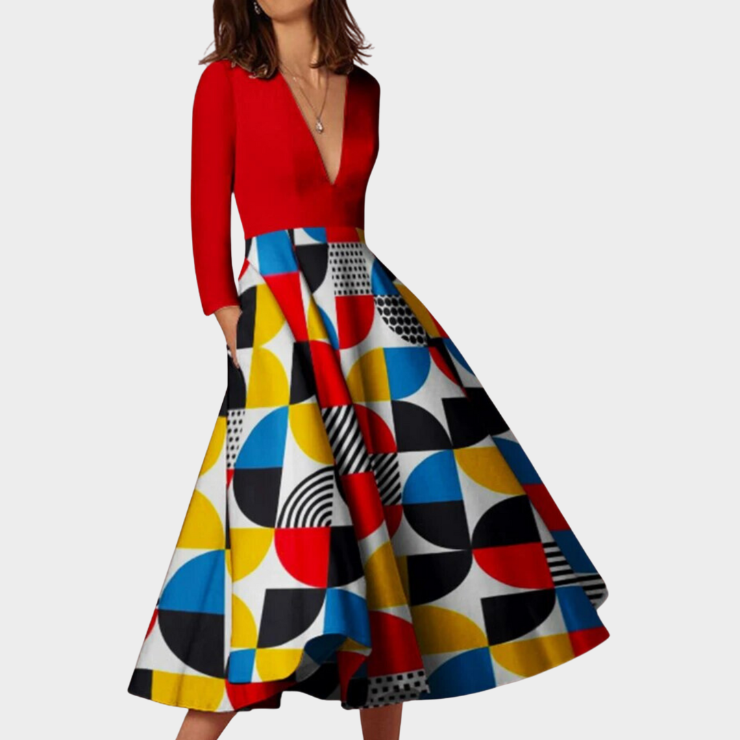 Women's Vintage Geometric Print Dress – Long Sleeve – V-Neck – High Waist – Multiple Colours