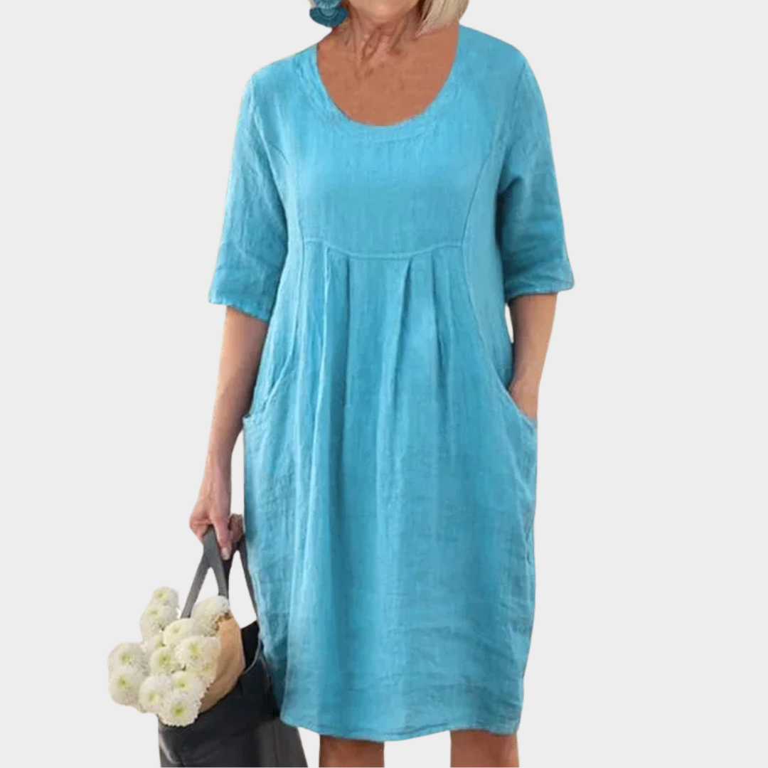 Women Oversized Pocket Dress – Loose Fit Cotton Linen Short Sleeve O-Neck Design – Multiple Colours