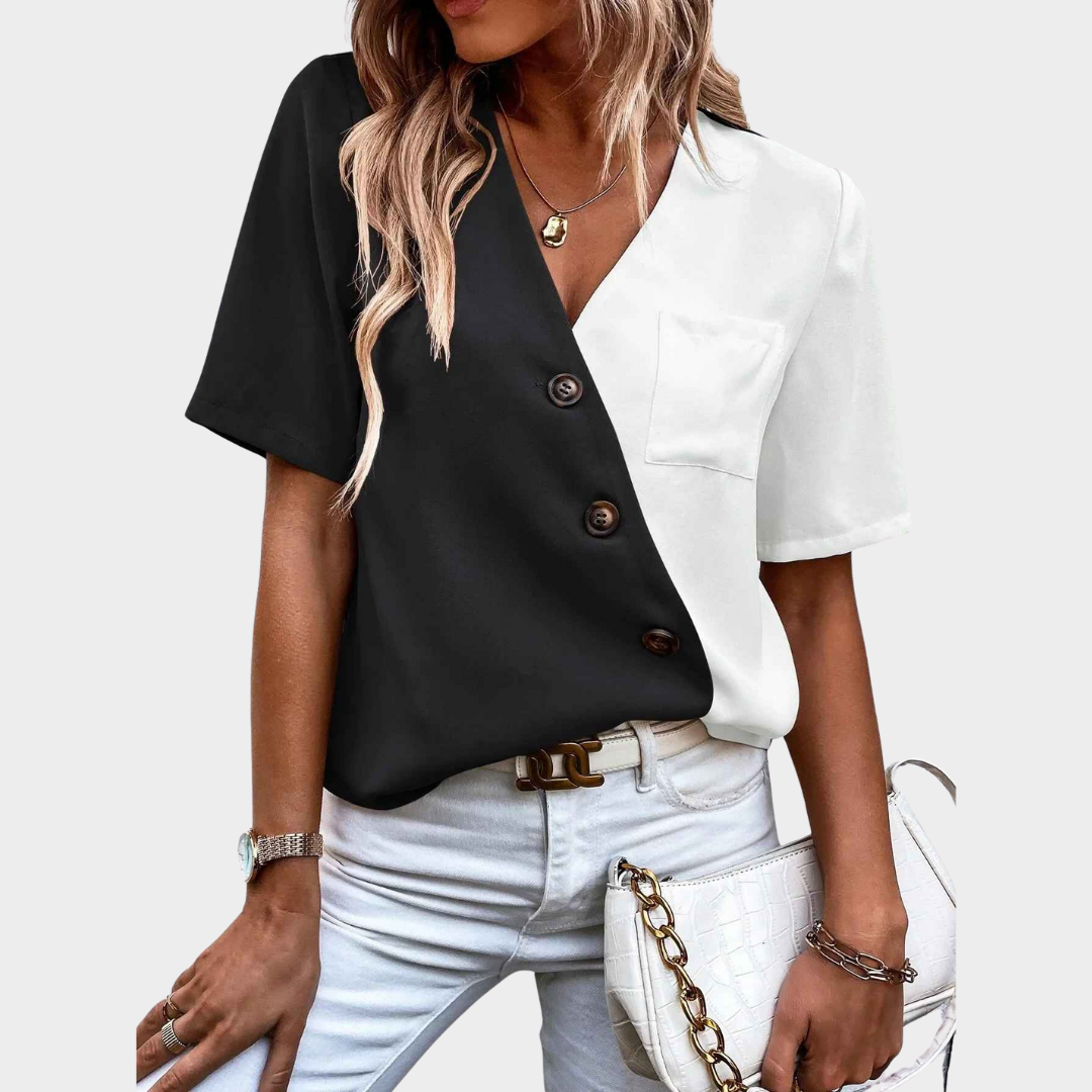 Women's V-Neck Blouse – Colour Splicing Short Sleeve Office Shirt Style – Multiple Colours