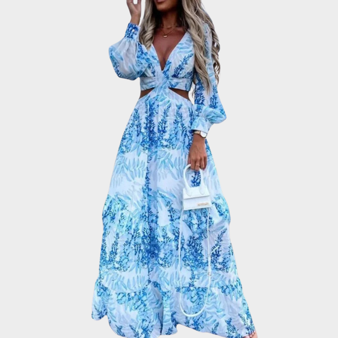 Women’s Printed V-Neck Long Sleeve Dress – Elegant Lightweight Fit with All-Over Pattern – Casual Beachwear Style – Multiple Colours