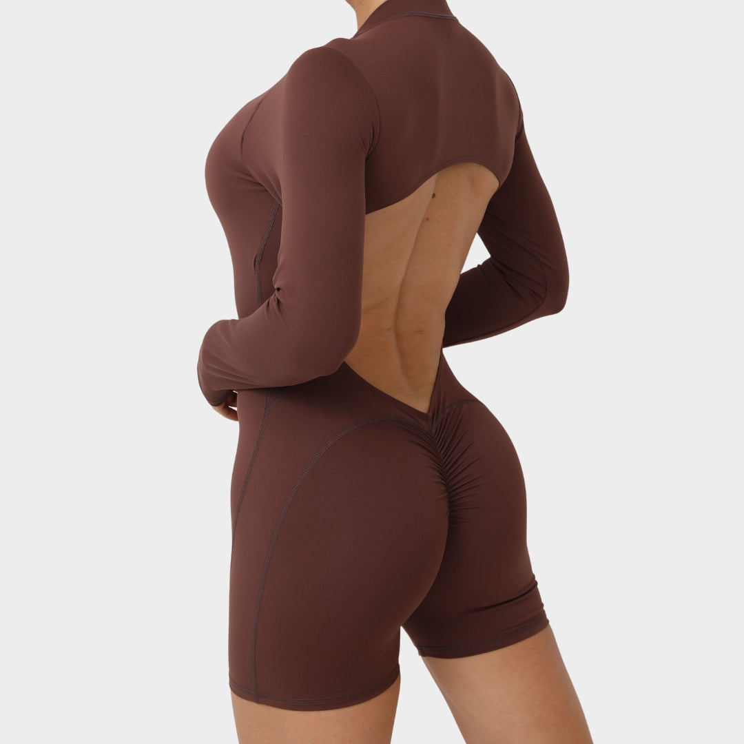 Women's Long-Sleeve Yoga Jumpsuit - Zipper Front Padded One-Piece - Stretch Fit Gym & Casual Wear - Multiple Colours