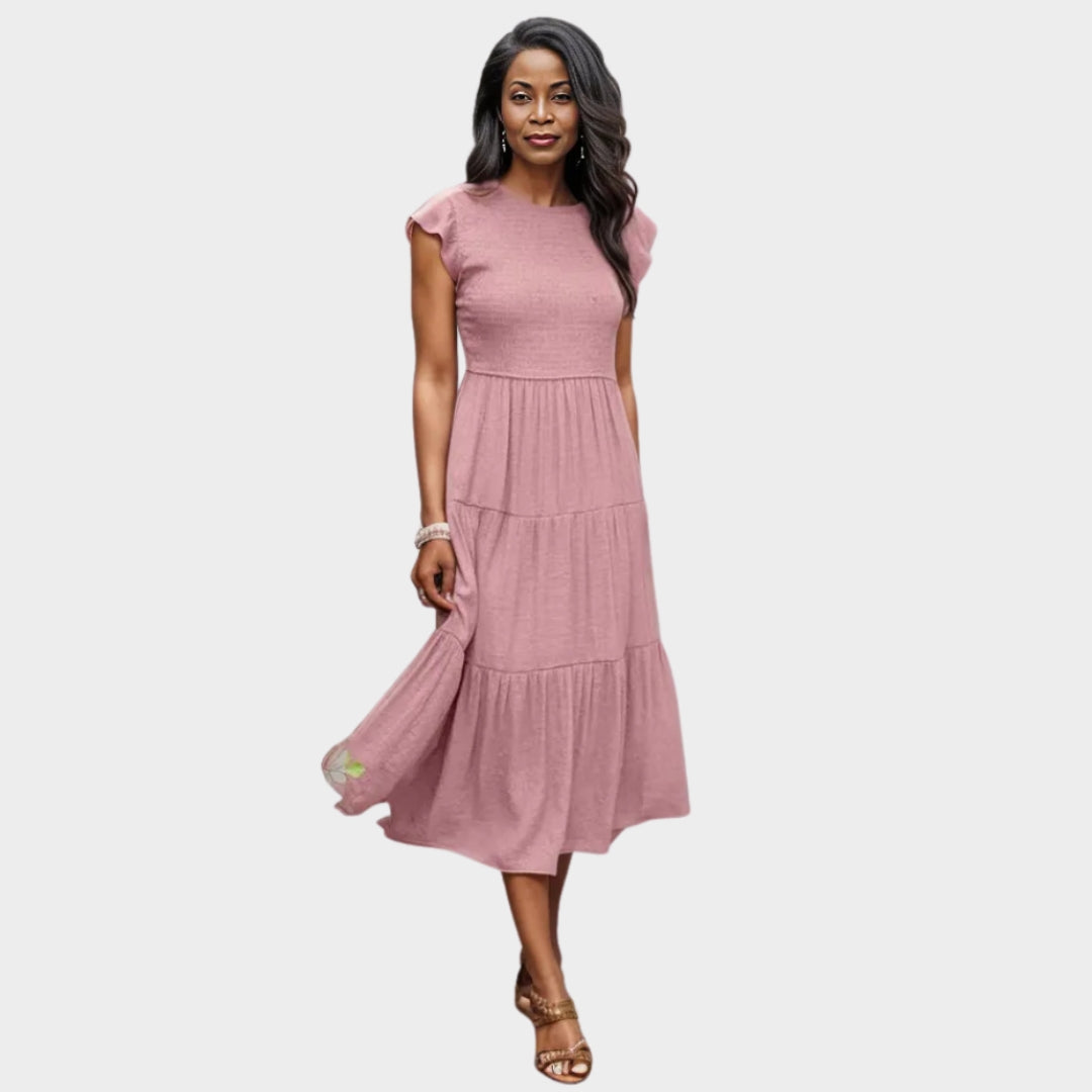 Sleeveless Women's Layered Midi Dress – Smocked Elastic Waist, Round Neckline, Summer Beach Style, Black, White, Green, Pink