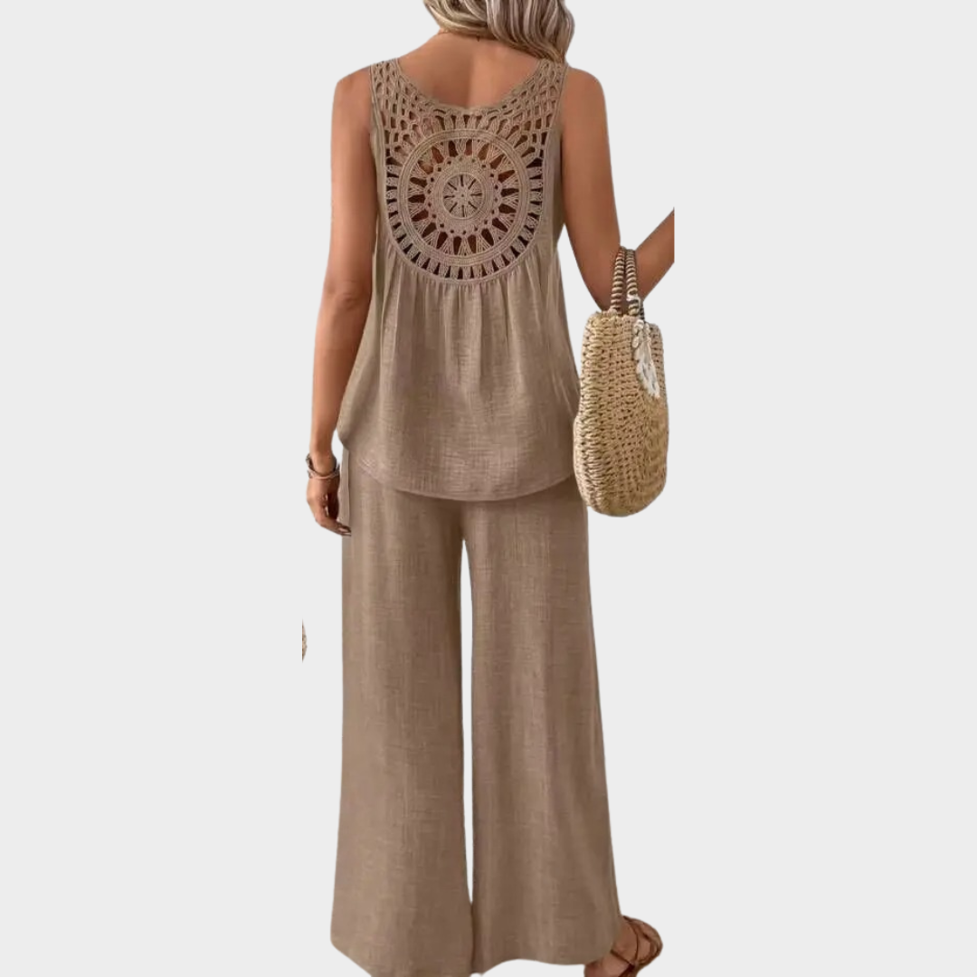 Women 2-Piece Set – Lace Sleeveless Top and Wide-Leg Trousers – Relaxed Fit – Soft Blend – Multiple Colours