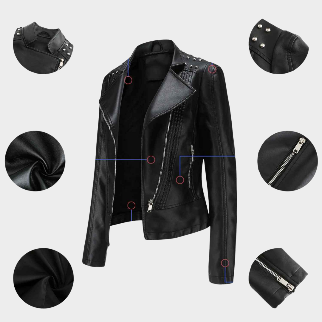 Women's Leather Jacket – Punk Rivet Moto Biker Style with Slim Fit and Turndown Collar – Multiple Colours