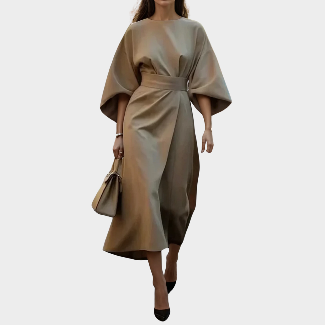 Women’s Mid-Calf Dress – Slim Fit with Ruffled Hem – Elegant Batwing Sleeves – Lightweight O-Neck Design – Multiple Colours