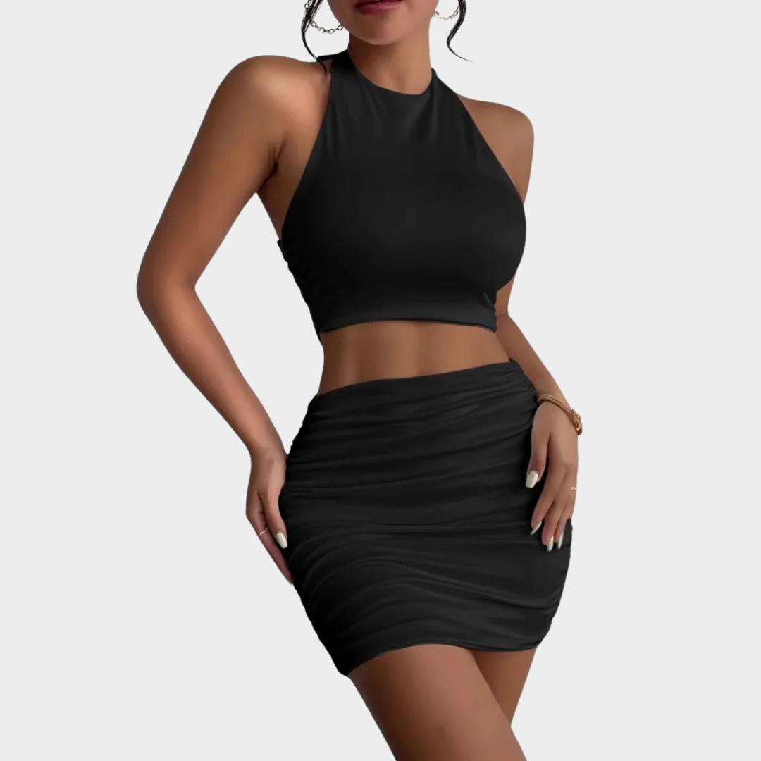 Women’s Tube Top and Skirt Set – Sleeveless Neck Vest and Hip Wrap Skirt – Bodycon Fit – Soft Stretch Fabric – Two-Piece Minimal Style – Multiple Colours